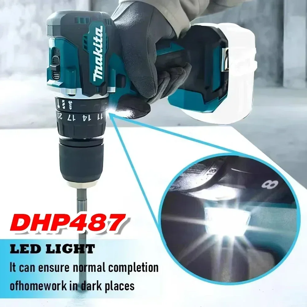 MAKITA DHP487 Impact Screwdriver Cordless Drill, Multifunction Power Tool, Torque Setting, 2-Gear Speed Electric Screwdriver